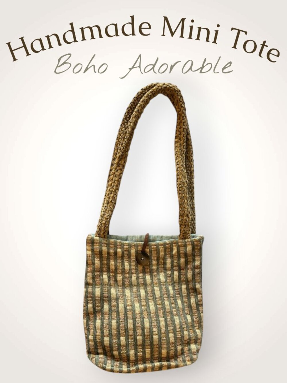 Handmade Chenille Tapestry Mini Tote Bag Aqua Tan Boho Cottagecore